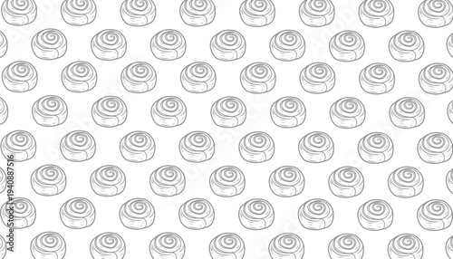 Cinnamon Roll Seamless Pattern. Sweet Pastry Bakery Illustration. Hand Drawn Swirl Bread. Doodle Food Background. Decorative Textile Packaging Design.