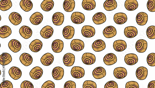 Cinnamon Roll Seamless Pattern. Sweet Pastry Bakery Illustration. Hand Drawn Swirl Bread. Doodle Food Background. Decorative Textile Packaging Design.