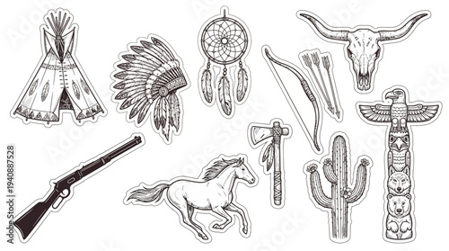 Western native inspired clipart sheet with rifle horse and dreamcatcher