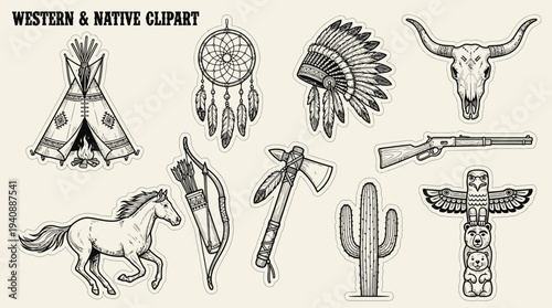 Western native clipart collection with teepee horse skull and cactus icons