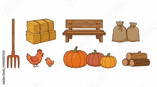 Farm harvest objects flat clipart set with pumpkins hay bales and chickens