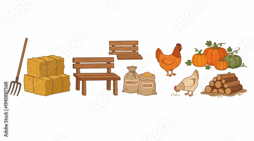 Rural harvest object set with hay pumpkins bench bags and farm animals