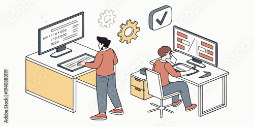 DevOps developers work with computers scene. DevOps engineers web design with people. Development operations composition in flat style. Vector illustration for social media promotional ... See More