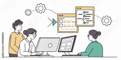 DevOps developers work with computers scene. DevOps engineers web design with people. Development operations composition in flat style. Vector illustration for social media promotional ... See More