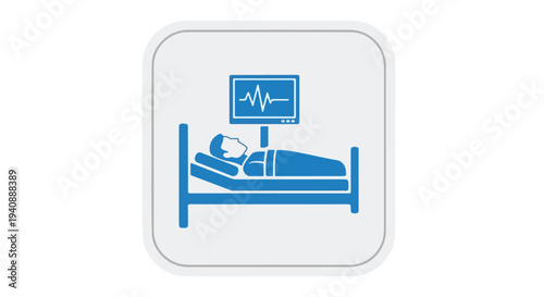 Blue icon of a patient lying in a hospital bed with a heart rate monitor on the screen above.