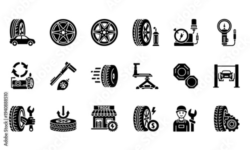Tires Auto Repair Garage Silhouette Icons