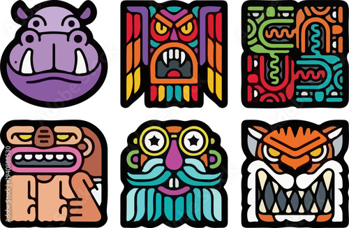 Geometric animal mascot stickers set featuring aggressive tiger, cute hippo, wise owl, and creative shark design in colorful flat vector style for gaming avatars and merchandise badges.eps, Geometric 