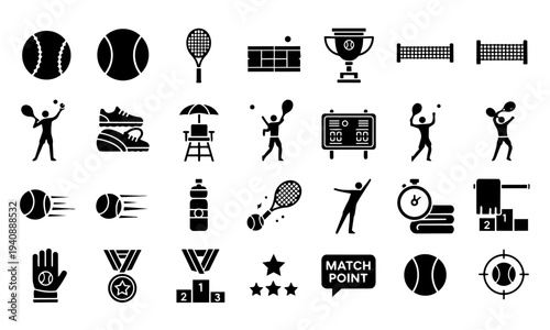 Tennis Sport Equipment Silhouette Icons