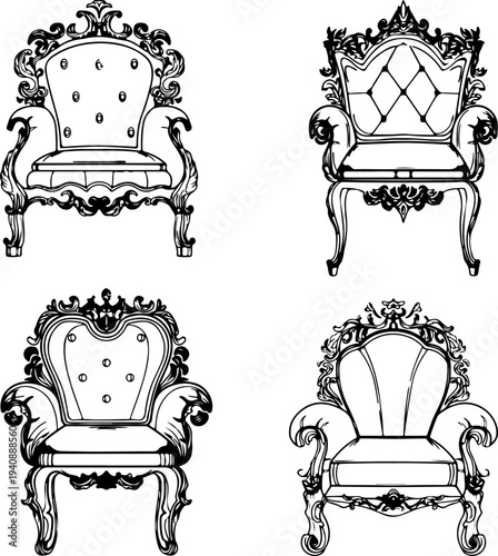 Gothic Victorian Furniture Concept Art Collection Featuring Ornate Chairs, Elegant Sofas, and Hand Drawn Fantasy Interior Design Sketches