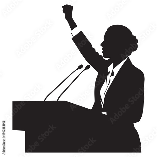 Silhouette of woman giving a speech with fist raised vector
