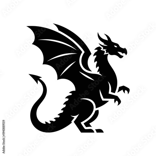 Black dragon silhouette roaring fierce mythical creature fantasy art vector illustration
