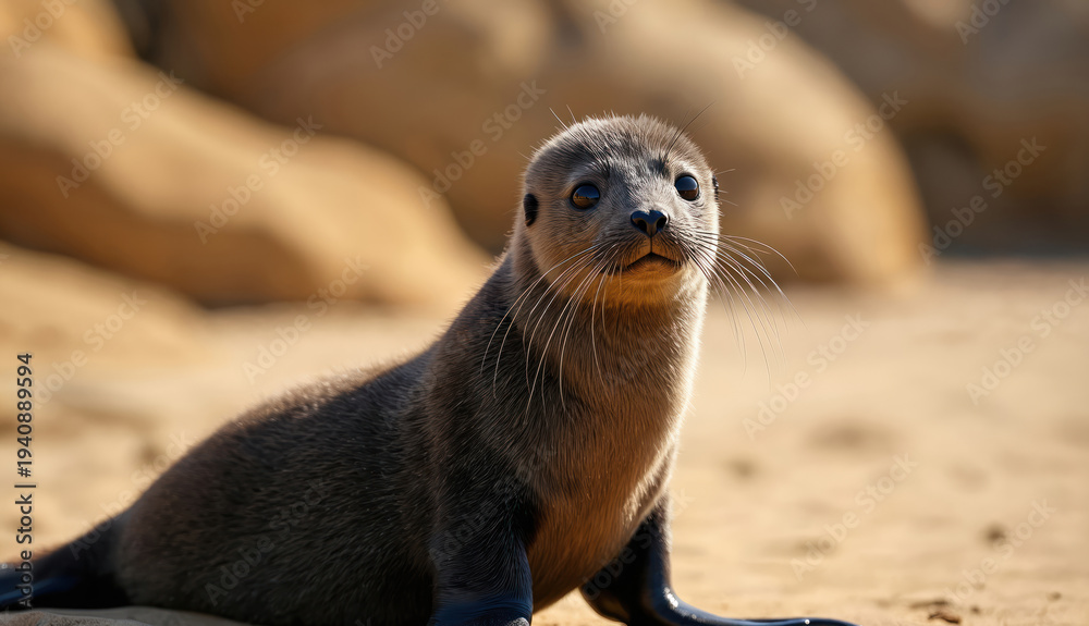 Obraz premium Young fur seal sits on sandy beach. Small mammal looks at camera with large curious eyes. Dark brown animal rests near ocean shore, daytime.