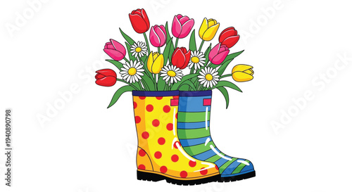 Brightly colored rubber rain boots filled with fresh tulips and daisies create a cheerful spring arrangement