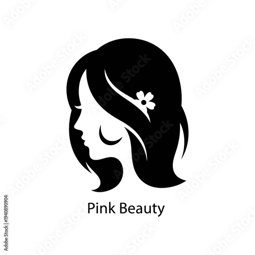 Elegant woman profile silhouette with floral hair accessory minimalist pink beauty logo design