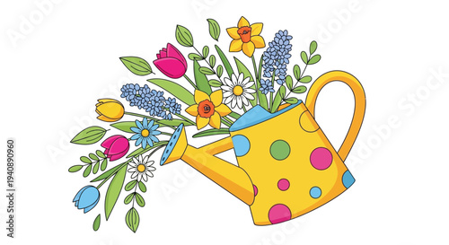 Vibrant yellow watering can overflowing with a beautiful assortment of colorful spring flowers and green leaves.