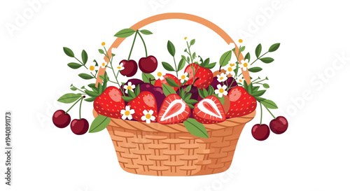 Illustration depicts a woven wicker basket overflowing with fresh ripe strawberries and cherries adorned with blossoms