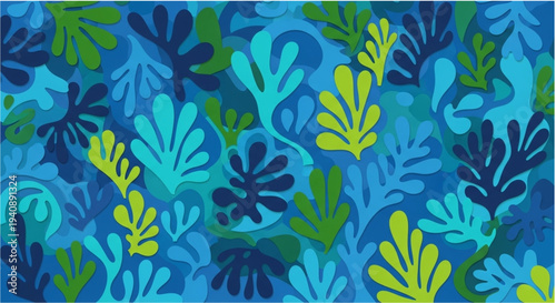 Abstract algae organic shapes pattern in blue and green marine nature.