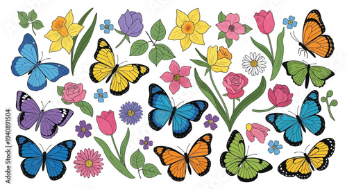 Colorful assortment of hand drawn butterflies and various blooming spring flowers illustrated together