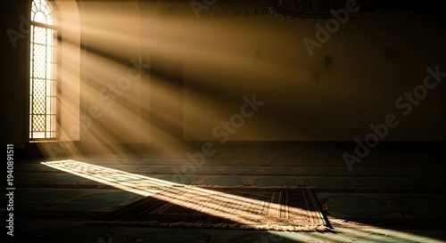 professional interior photography of a mosque prayer hall, sunlight entering through tall Islamic arched windows from the side