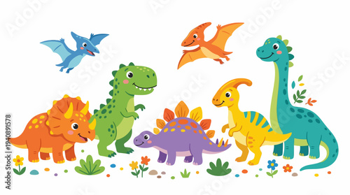 Cute Colorful Cartoon Dinosaur Set Illustration for Kids