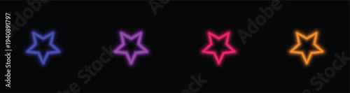 Brightly glowing neon stars in blue, magenta, pink, and orange shine powerfully on a dark surface