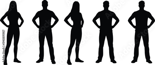 Black silhouettes of men and women standing in confident poses with hands on hips isolated on white background.
