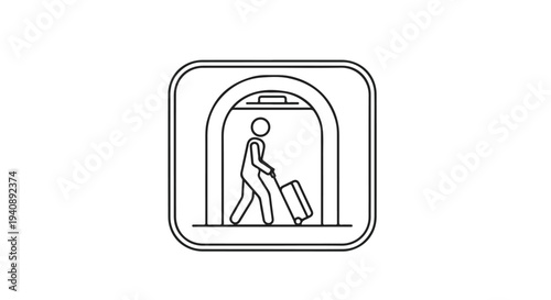 Simple line drawing of a person exiting a tunnel with a suitcase, in a rounded square frame with a minimalist style and neutral tones on a white background.