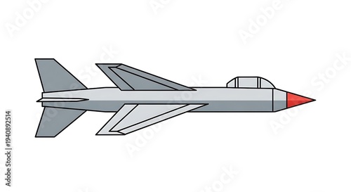 Jet fighter aircraft side view flat illustration with silver fuselage and red nose cone plus cockpit glass and aerodynamic wings and tail fin on white back