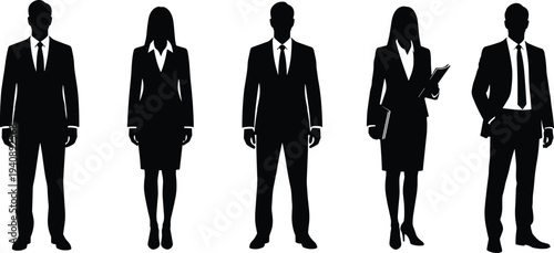 Set of professional business men and women silhouettes standing in formal suits isolated on a white background.