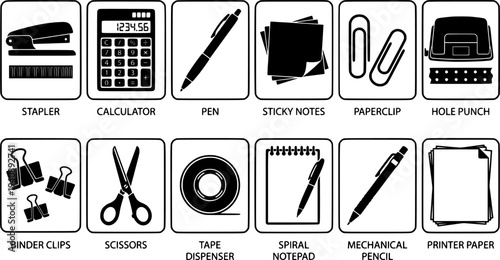 Flat design black silhouette office supplies top view stapler calculator pen paperclip binder clips sticky notes close up minimalist vector