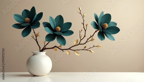 Teal magnolia blossoms on branch with gold leaves in white vase. Modern floral art, minimalist decor, elegant interior design, studio setup, abstract surreal backdrop. Interior beauty concept.