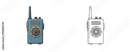 Portable Radio Walkie Talkie in flat colorful and linear style with antenna and speaker for communication and security purposes isolated on white background