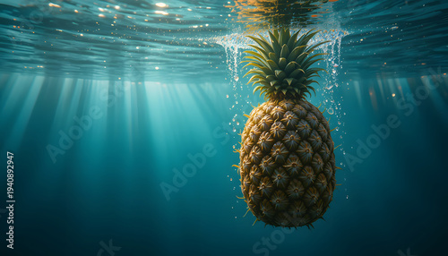 Fresh Pineapple Suspended in Clear Water with Bubbles Landscape Image