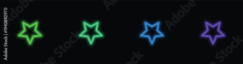 Line of four luminous neon stars casting a soft glow on a stark black backdrop