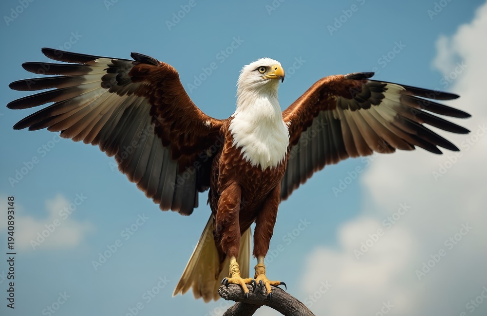 Obraz premium Majestic eagle perches on branch with wings spread wide. Bird of prey has white chest brown wings intense gaze on sky background. Rare raptor displays power.