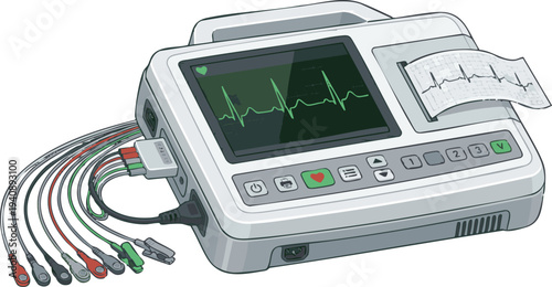 Illustration of an electrocardiogram machine with attached wires, displaying a heart rhythm on screen