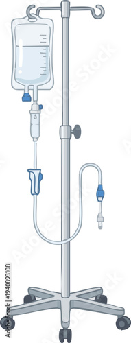 Medical intravenous drip stand with saline solution bag and tubing, a common hospital medical equipment