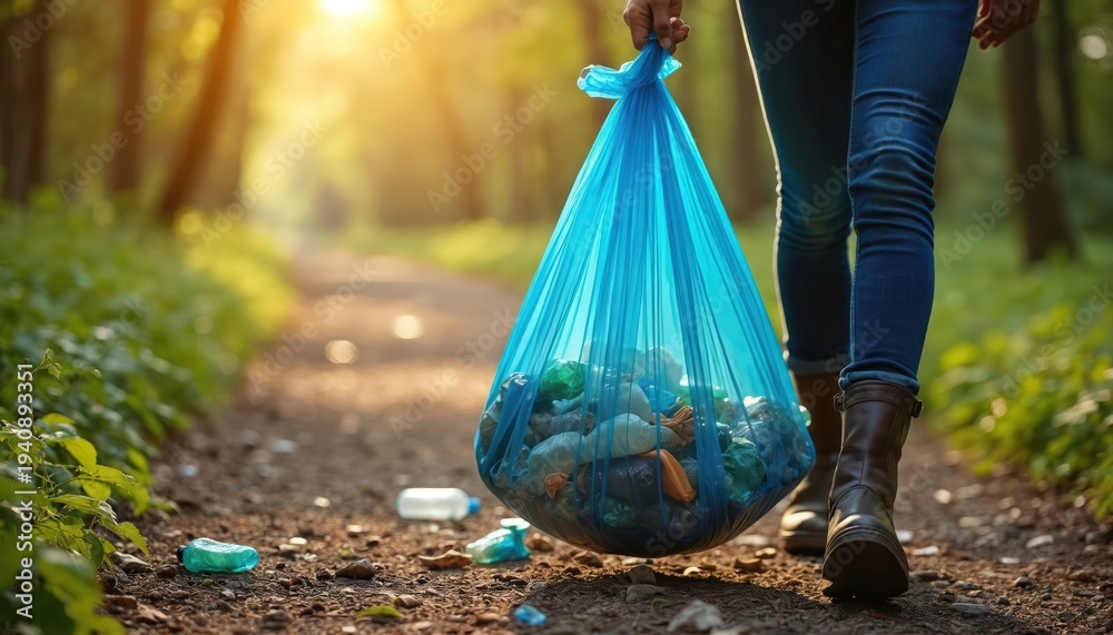 Naklejka premium Person carries blue bag full of rubbish collected from forest path. Sunlight shines on ground with scattered litter. Environmental cleanup action happening.