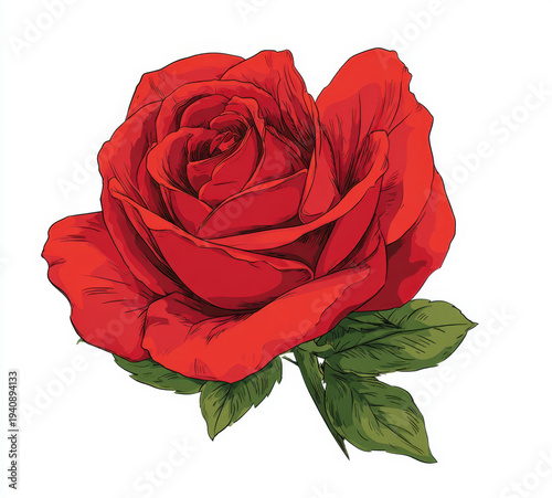 Beautiful red rose illustration featuring intricate details and vibrant colors, symbolizing love and passion. This artwork captures elegance of nature beauty
