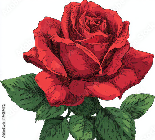 Beautiful red rose with intricate details and vibrant green leaves, showcasing elegance and charm of nature. This illustration captures essence of romance and beauty