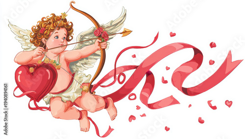 Cupid shoots arrow at heart, surrounded by ribbons and floating hearts, creating romantic and whimsical atmosphere. This illustration captures essence of love and affection