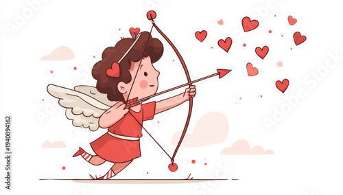 Cute cupid with bow and arrow shooting heart shaped arrows, surrounded by floating hearts, embodies love and joy. This whimsical illustration captures essence of romance and affection