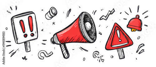 Hand drawn vector icons featuring megaphone, warning signs, and exclamation marks, conveying urgency and alertness in playful style. Perfect for web design and communication themes