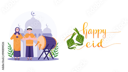 Happy Eid Mubarak Celebration with Drum and Rice Cake
