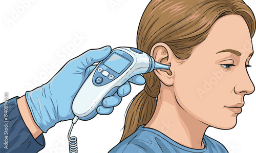 Close-up of a person's ear being measured for temperature with a digital ear thermometer by a gloved hand