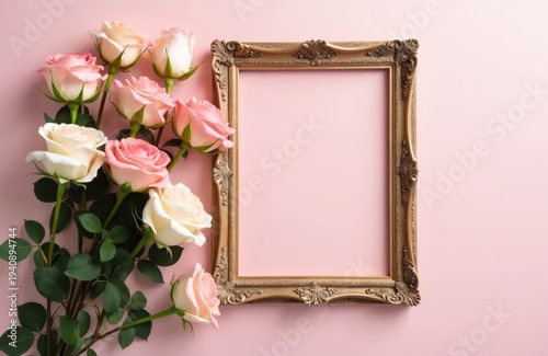 Ornate gold frame with pink and cream roses rests on soft pink background. Empty frame awaits text or image. Perfect for invitations or cards.