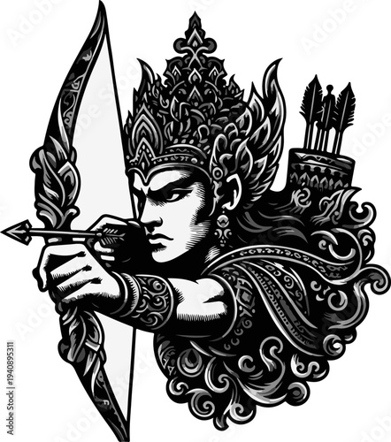Intricate Mythology Figure Gold Digital Illustration of a Crowned Archer, Symbolizing Chivalry and Honor in Classic Tales 