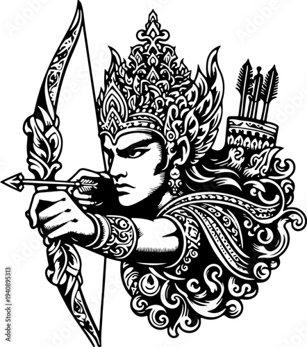 Intricate Mythology Figure Gold Digital Illustration of a Crowned Archer, Symbolizing Chivalry and Honor in Classic Tales