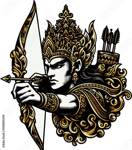 Intricate Mythology Figure Gold Digital Illustration of a Crowned Archer, Symbolizing Chivalry and Honor in Classic Tales