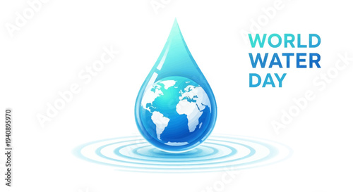 Illustration of a blue water droplet with earth inside, rippling on a white background, symbolizing clean water for World Water Day in a design icon for business and environmental events.